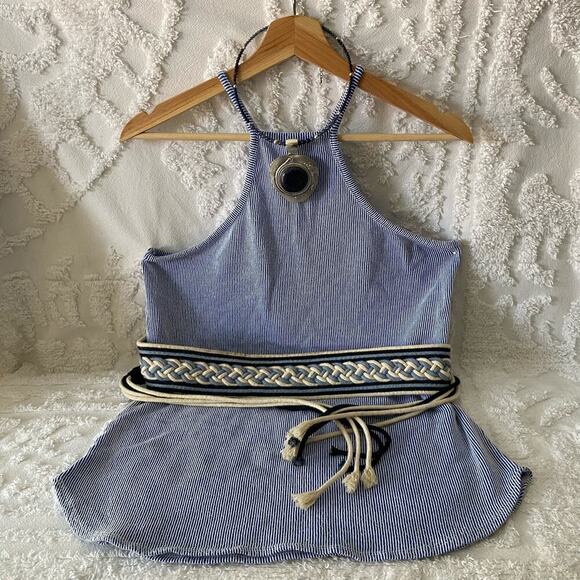 JANETTE PLUS USA Halter Tank Top Women’s Sz L Striped Blue/White Nautical Beachy - Picture 2 of 5